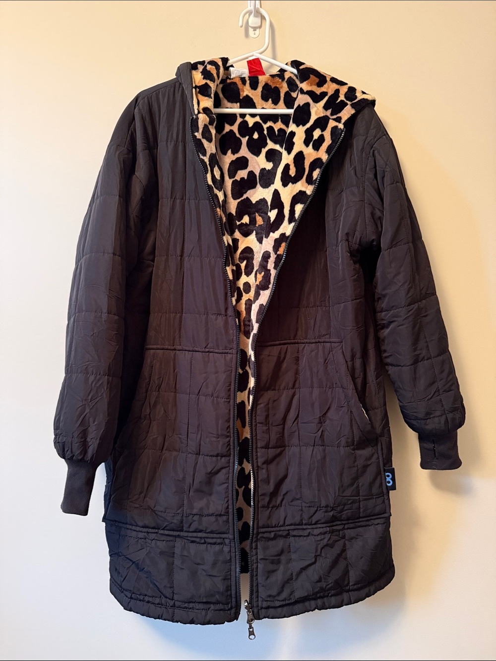Black Quilted reversible Coat with Leopard Faux Fur Lining